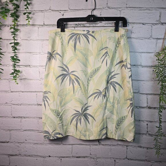 TOMMY BAHAMA PALM TREE PRINT SKIRT 100% SILK, LINED CREAM GREEN WOMENS SIZE 12 - Picture 1 of 6